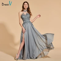 dressv light grey long prom dress sleeveless simple a line appliques backless evening party gown prom dresses customize