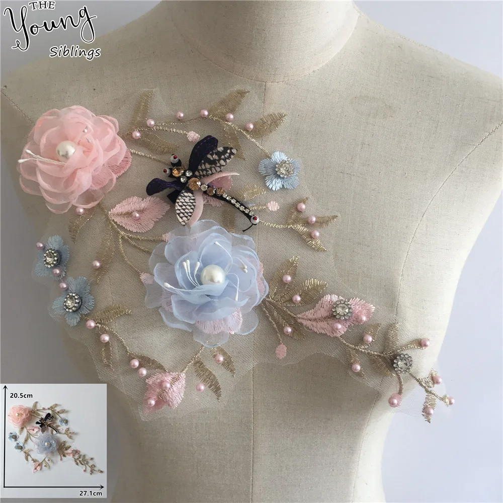 

New arrive Embroidery 3D flower ABS pearl Lace Collar DIY Rhinestone Trim Neckline Tulle Fabric Dresses Decorate Accessories