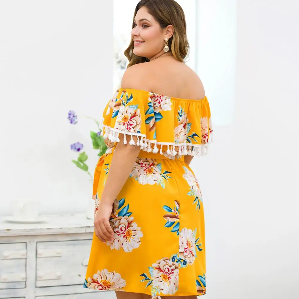 WHZHM летнее платье с кисточками и цветочным принтом женское вырезом лодочкой
