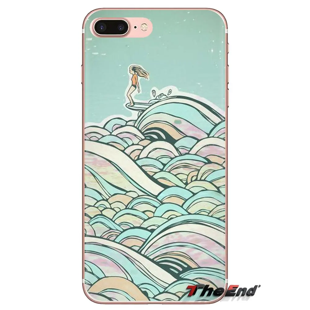 Surf Girl Art - силиконовый чехол для телефона Xiaomi Mi4, Mi5, Mi5S, Mi6, Mi A1, A2, 5X, 6X, 8, 9 Lite, SE, Pro, Max, Mix 2, 3, 2S с изображением сёрфингистки.