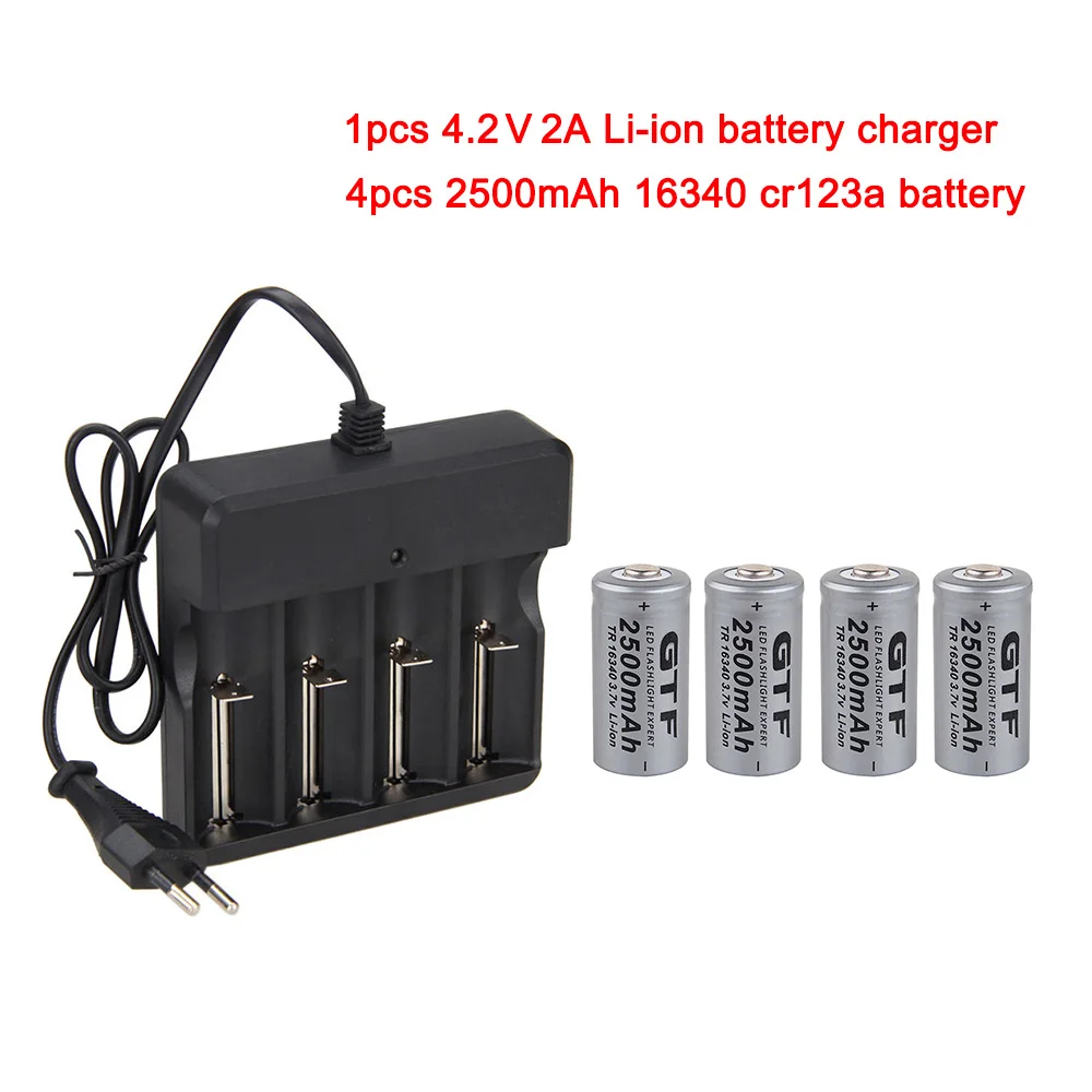 picture color 4 шт 3,7 V 2500mah 16340 аккумулятор CR123A литий-ионные аккумуляторы+ 1 шт EU/US 4,2 V 2A литий-ионный аккумулятор зарядное устройство AC100-240V - Цвет: picture color