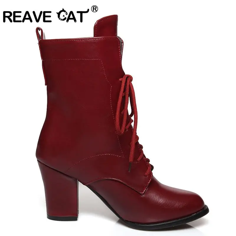 REAVE CAT/большие размеры 32-48; Новые осенне-зимние ботильоны; женские ботинки на высоком каблуке и платформе, со шнуровкой, расшитые блестками; теплая обувь