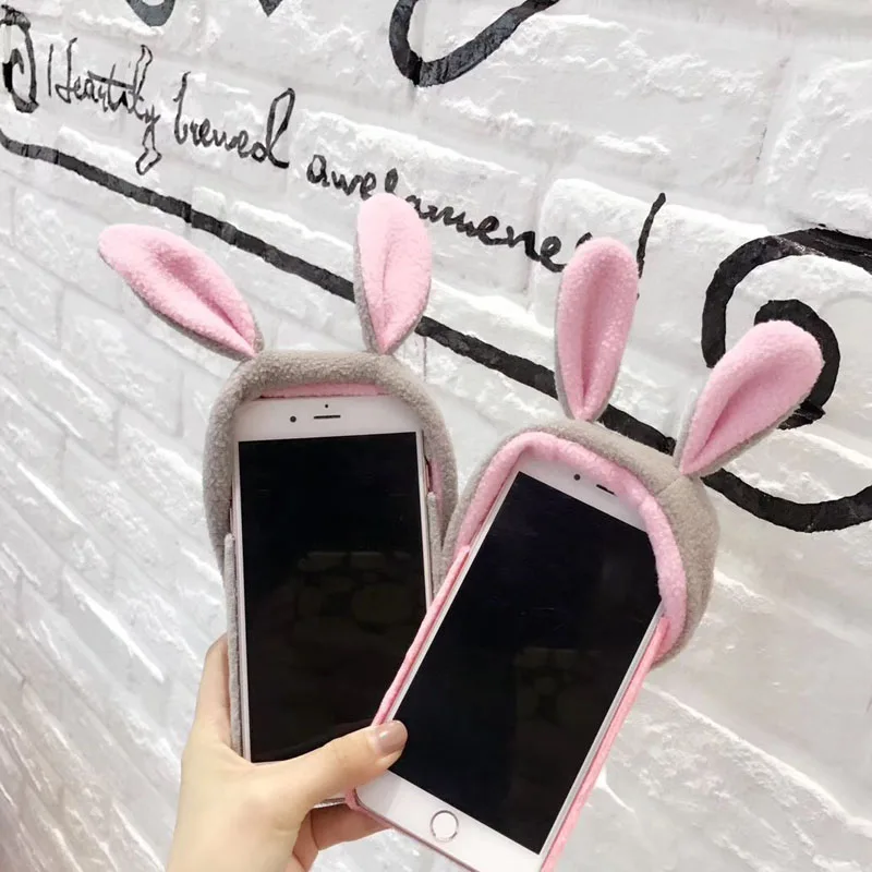 JiBan для iPhone X Case роскошный 3D теплые чехлы для телефонов PC зимние меховые миленький плюшевый кролик шапка на заднюю панель для iPhone 6s 7 8 Plus Coque