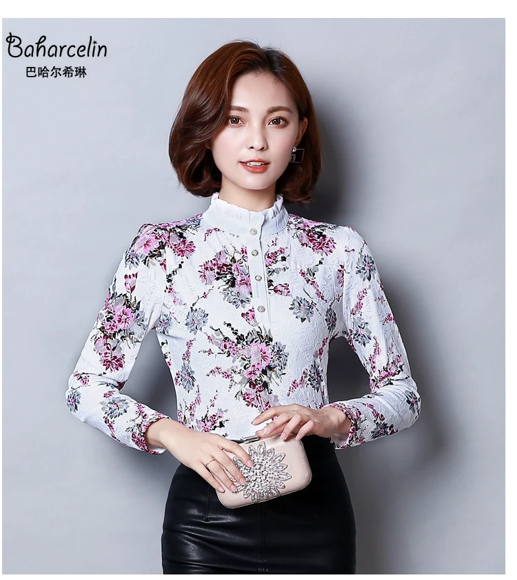 Baharcelin 3XL 4XL осень-зима Высокий воротник крючком Кружево цветочный Блузки для