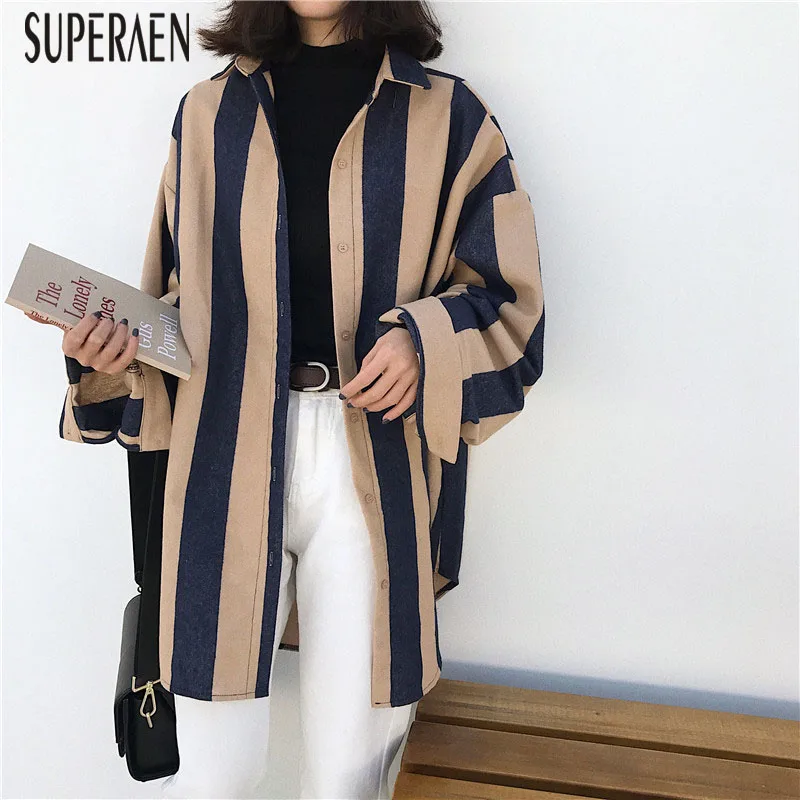 SuperAen, свободные, дикие, модные, женские рубашки с длинным рукавом, повседневные, модные, хлопковые, женские блузки и топы, дикие, в полоску, Новинка осени