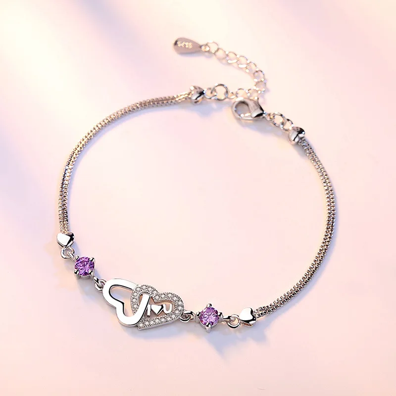 

925 sterling silver romantic love heart shiny crystal ladies bracelet jewelry wholesale no fade Anti allergy