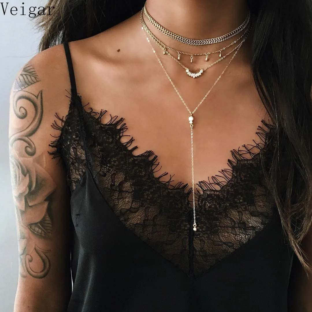 Женские ожерелья золотого цвета с цепочками многослойное ожерелье стразы