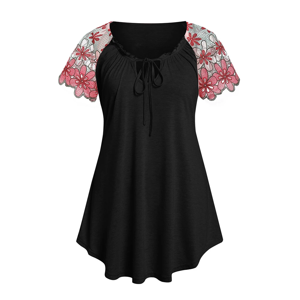 ROSE GAL Женские футболки Летние топы женские L-5XL Плюс размер зашнуровать длинную футболку с вырезом из туники футболка