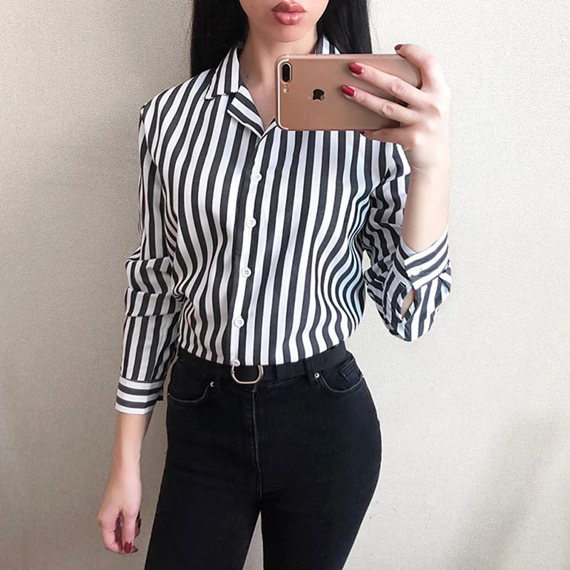 Полосатые блузки Blusa новые женские топы весенние Рабочие Рубашки с длинным