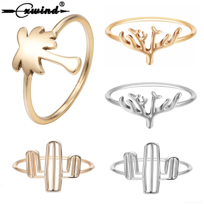 

Cxwind Fashion Plant Tropical Palm Tree Branch Rings For Women Girl Finger Knuckle Gold Wave Cactus Coconut Tree Ring Bijoux