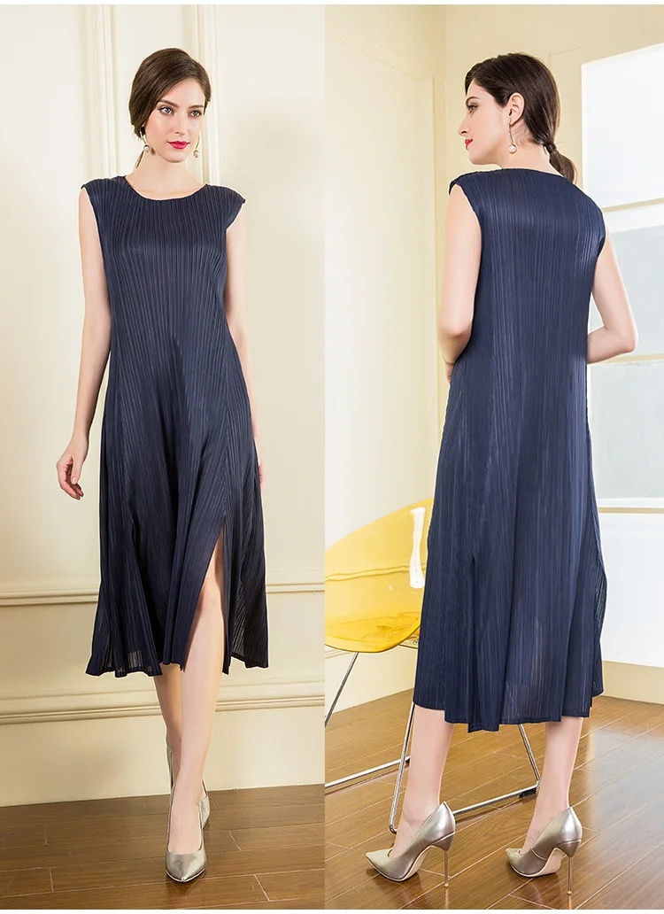 

HOT SELLING Miyake fashion solid fold o-collar sleeveless A-Line dresses IN STOCK