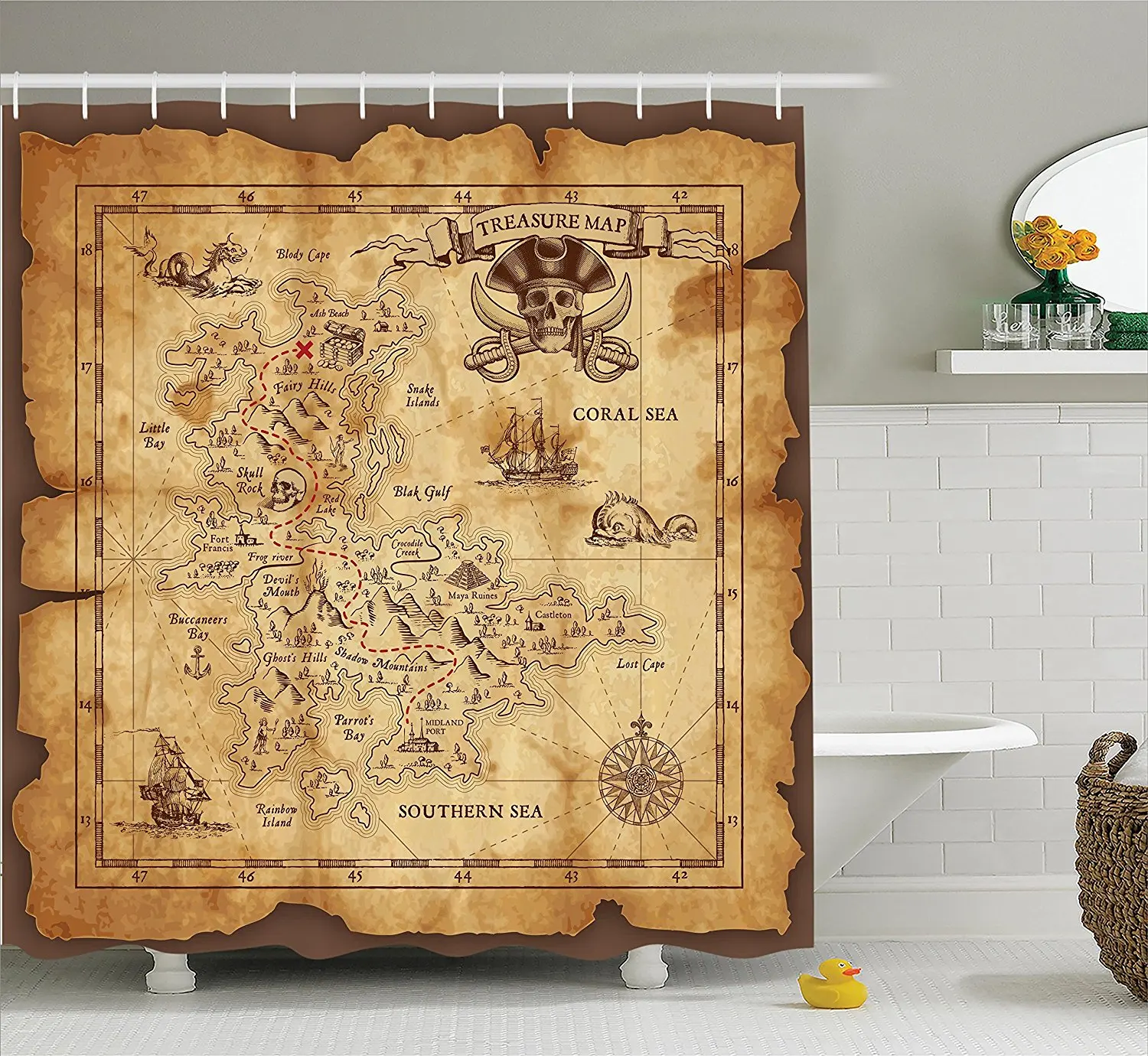 

Island Map Decor Shower Curtain Set Super Detailed Treasure Map Grungy Rustic Pirates Gold Secret Sea History Theme, Bathroom