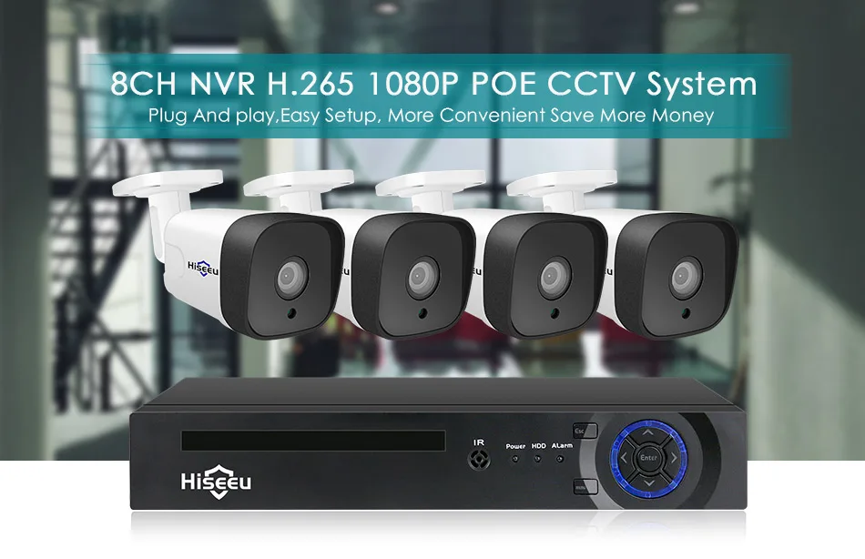 Hiseeu 8CH 1080P POE NVR CCTV система безопасности 4 шт. 2.0MP аудио запись IP камера IR P2P комплект наружного видеонаблюдения 1 ТБ HDD