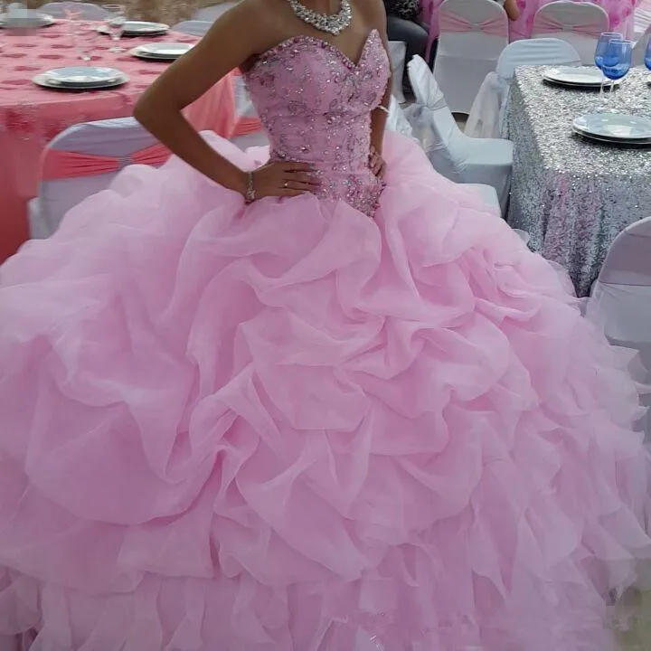 

Pink Quinceanera Dresses Cascading Ruffles Beaded Crystal Ball Gown Lace up back Sweet 16 Dress Vestidos 15 anos