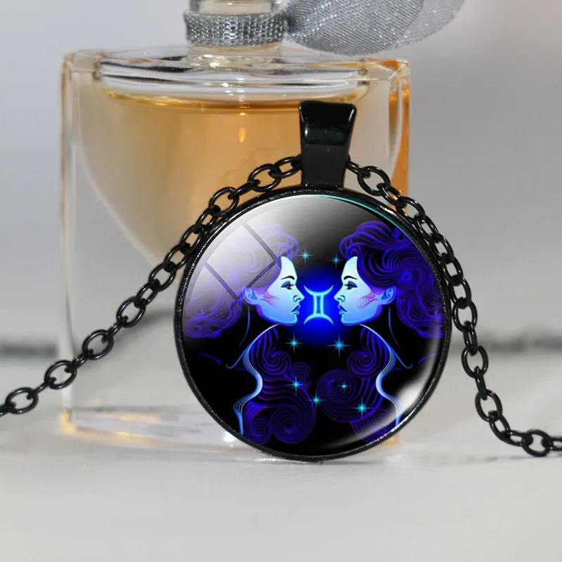 Gemini подвеска Близнецы круглый стеклянный цепочки с серебряным покрытием для