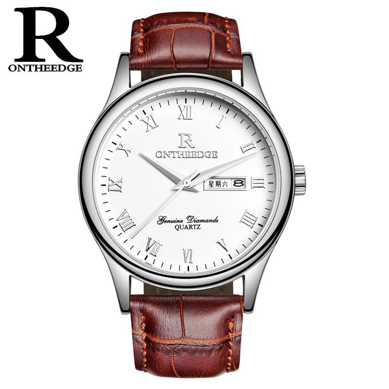 Мужские кварцевые часы RONTHEEDGE модные деловые с кожаным ремешком подарочной