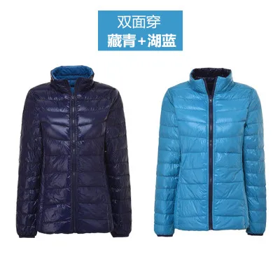 navy blue and blue Новинка, зимнее женское короткое пуховое пальто на обе стороны, большой размер, Женский светильник, тонкий пуховик на белом утином пуху, осеннее пальто с воротником-стойкой, W425 - Цвет: navy blue and blue