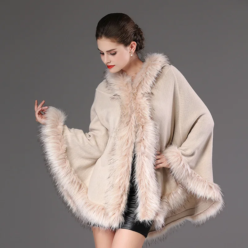 

2019 Autumn Winter Wool Coats Women Faux Fur Hooded Cloak Luxury Designer Thick Feminine Outerwear Jackets Lady Party Clothing