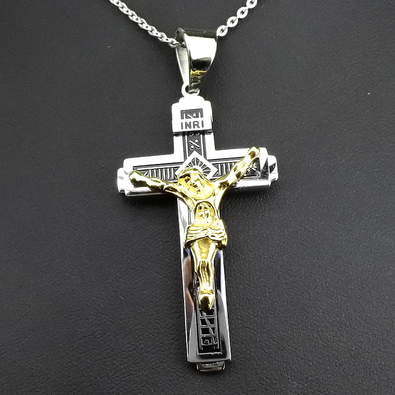 Крест AMUMIU распятие инри Иисус кулон и ожерелье из нержавеющей стали золотой цвет