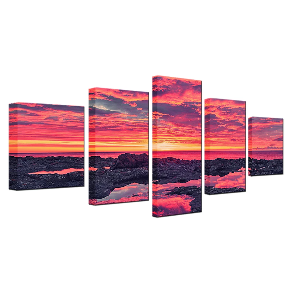 

Wall Art Pictures Living Room Canvas HD Prints Poster 5 Pieces Red Sunset Glow Sea Reef Stone Seascape Painting Home Decor Frame