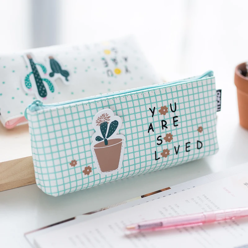 Kawaii Cactus Pencil Case Canvas Plant Stationery Large Capacity Bag For Students School Supply|Пеналы| |