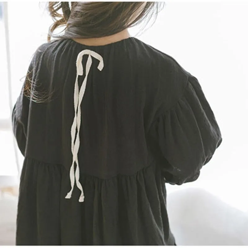 Back To School Clothing Cotton Linen Long Big Girls Dress Princess Black Children Sleeve Dresses Loose Toddler Baby Clothes |