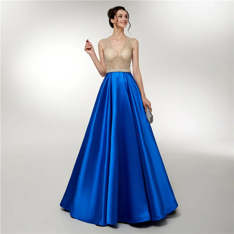 Satin Prom Dresses Long 2020 V Neck Beaded Top Sleeveless Royal Blue Formal Evening gown Party Gown Robe De Soiree
