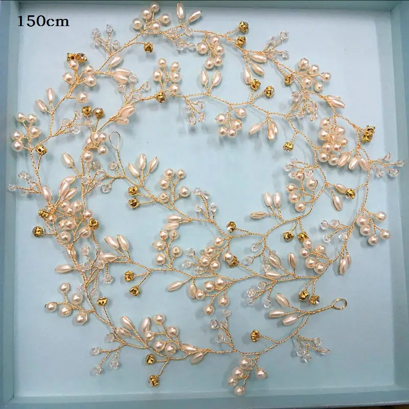 20-Gold-150cm Роскошные золотые и Серебристые повязки для волос, ювелирные изделия для волос, жемчужные кристаллы, лист невесты, диадемы, головной убор, свадебные аксессуары для волос, подарок - Окраска металла: 20-Gold-150cm