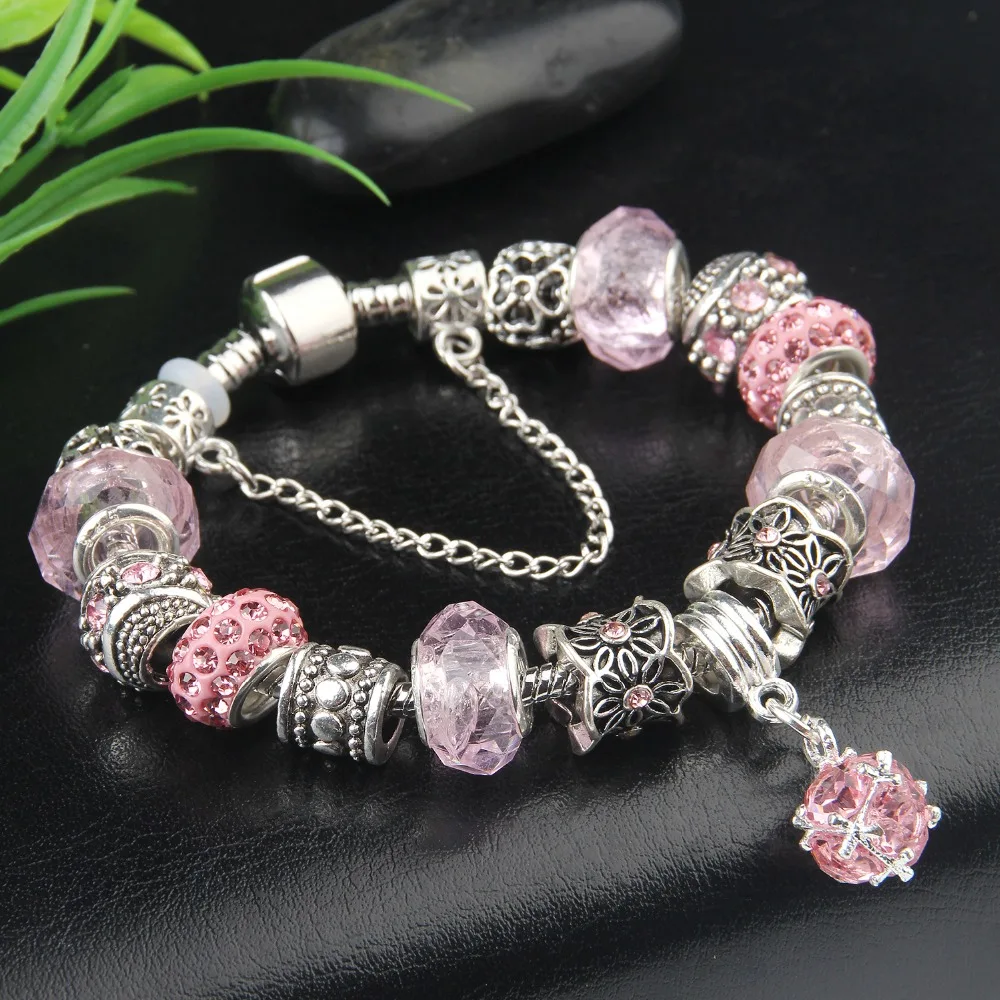 

2021 Antique Charm Bracelet & Bangle With Love Flower Crystal Ball Women Beads Bracelets Wedding Jewelry Dropshipping