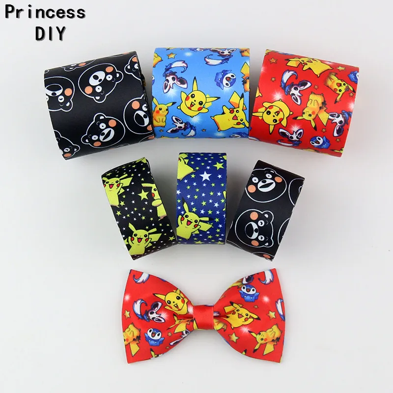 5M/Lot 10 25 50mm Kawaii Cartoon Pikachu Ribbon Pikachu Printed Cotton Ribbon DIY Hair Bow tie Brooch Collar Layering Tape Craft