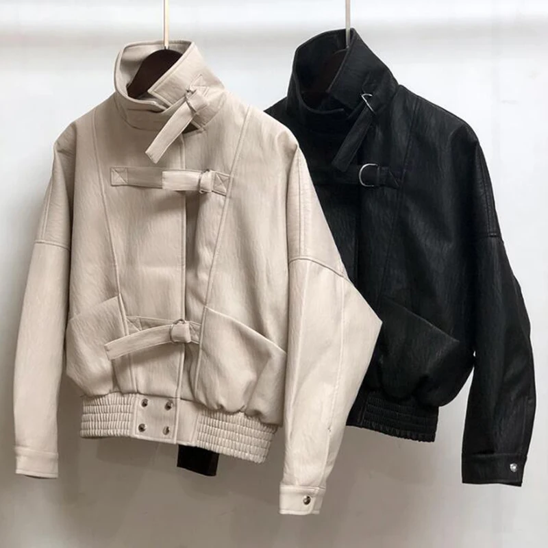 

Куртка женская из искусственной кожи, короткая, с длинным рукавом, осень 2018