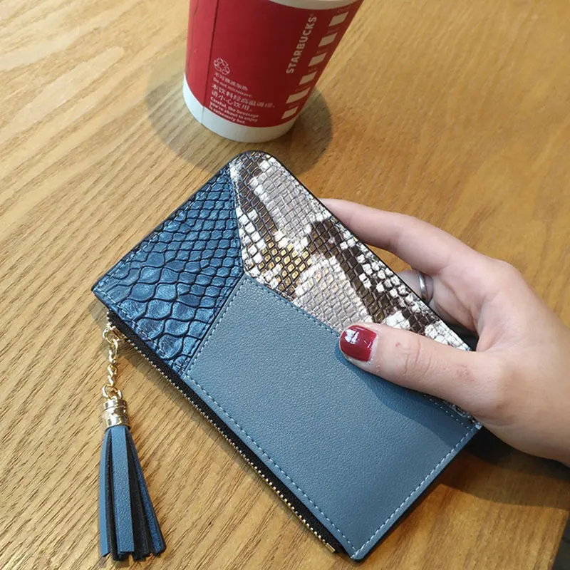 

Women Coin Purse Genuine Leather Card Holder serpentine Color collision Female Keys Card Cash Bag Wallet Tassel Handbag