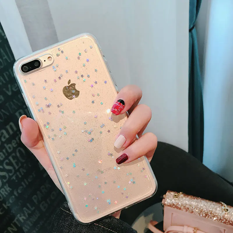 Милый чехол с блестками для iPhone 11 XS Max X, глянцевый эпоксидный чехол со звездами и сердечками для iPhone 6, 6s, 7, 8 Plus, прозрачный мягкий чехол