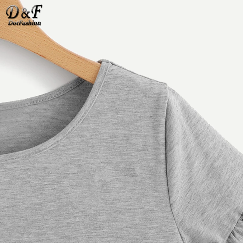 Dotfashion серая Женская Повседневная футболка с рюшами и оборками на рукавах, лето, кавайные Топы с коротким рукавом, корейская модная одежда, футболка