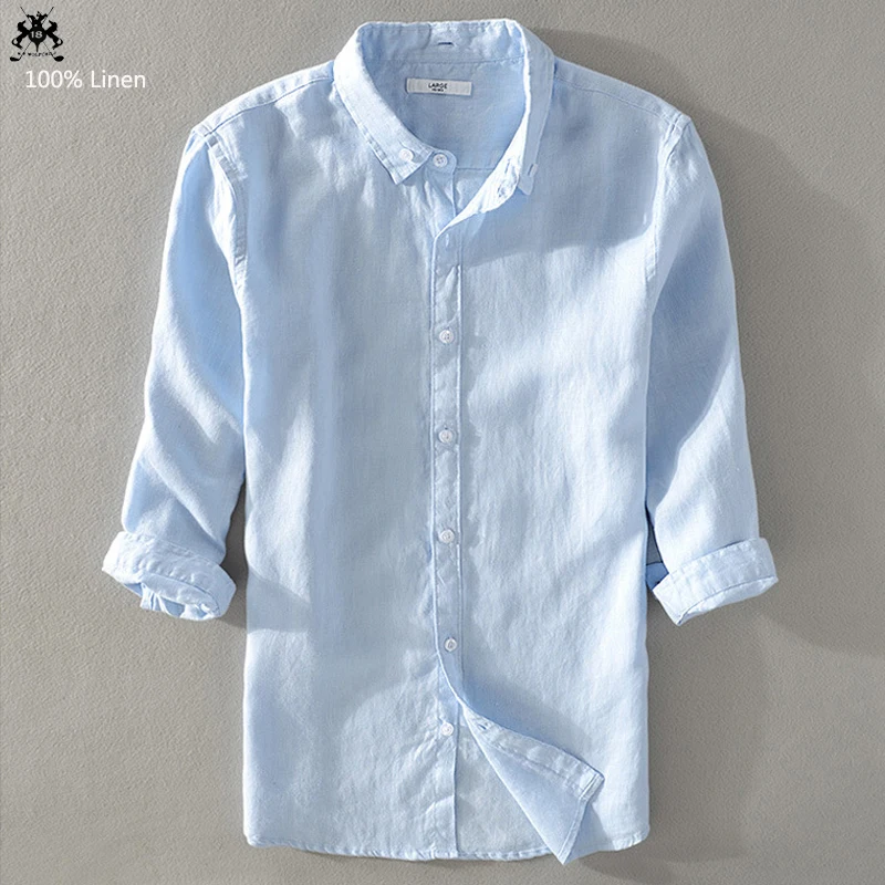 100% лен высокое качество 2020 новые мужские одноцветные рубашки с рукавом семь