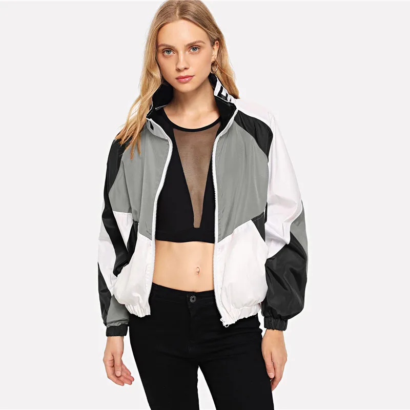 SweatyRocks куртка на молнии с буквенным принтом и цветными блоками, спортивная одежда, осенняя куртка-бомбер со стоячим воротником, женские осенние повседневные пальто