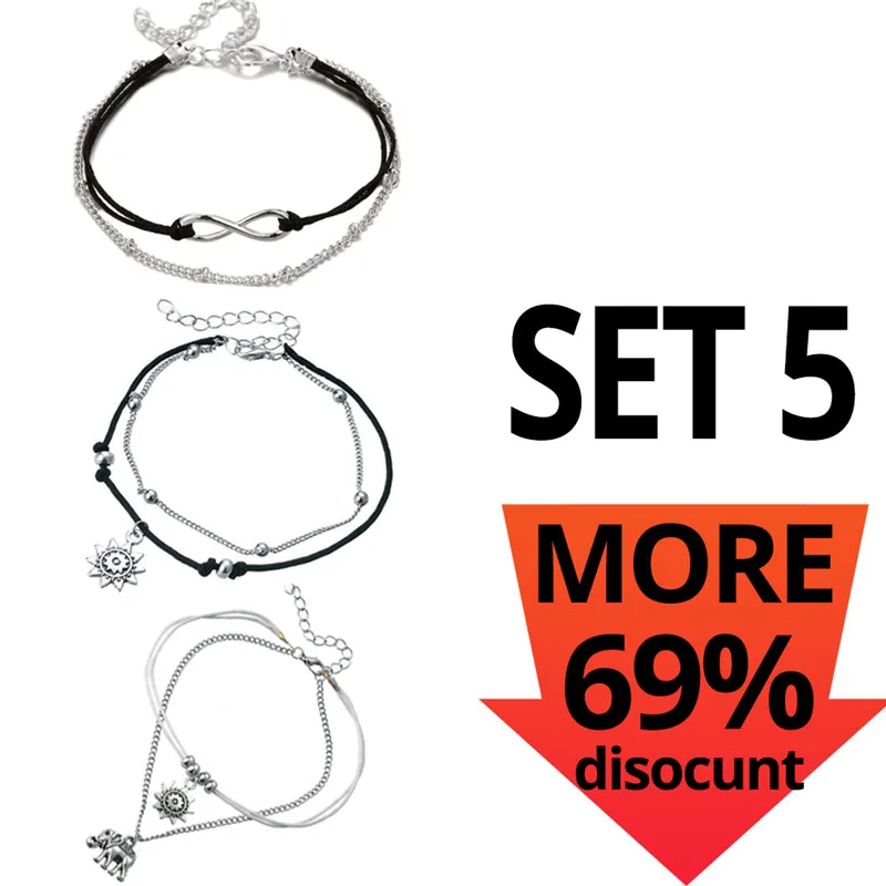 Cheapest SET 5 17 км Boho бесконечные Бусы ножные браслеты для женщин Мода Защита от Солнца Кулон многослойный ножной браслет хлопок ручной работы цепочка для ног Ювелирные изделия - Окраска металла: Cheapest SET 5