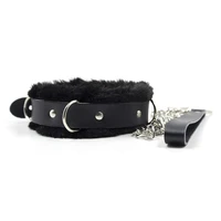 woogge new adjustable black real leather neck collar with chain leash faux fur lined d choker necklace animal pet accessories