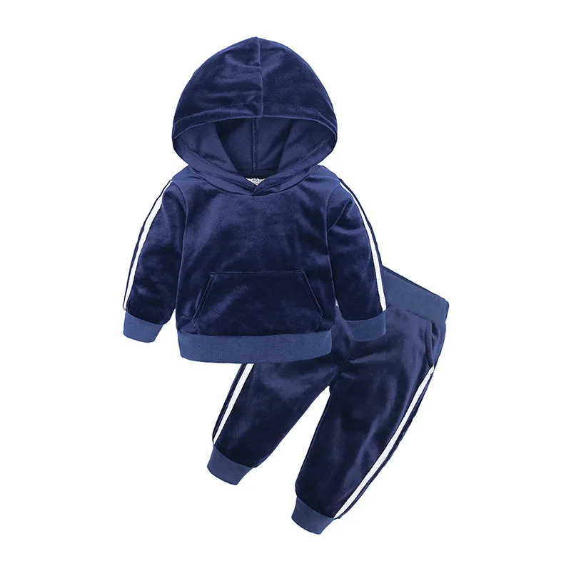 blue Модные комплекты одежды для мальчиков и девочек, теплый детский комплект на осень и зиму, Бархатный спортивный костюм с капюшоном+ штаны, костюм из 2 предметов для 1-8 лет - Цвет: blue