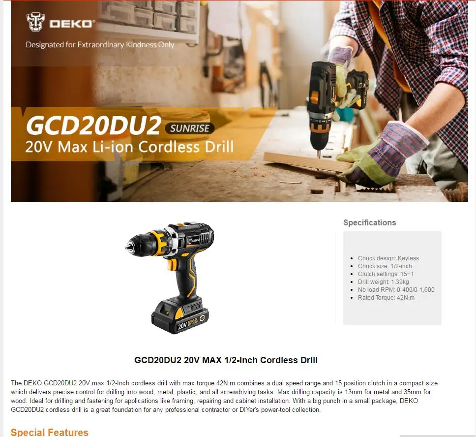 DEKO GCD20DU2 20V MAX Аккумуляторная дрель электрическая отвертка литий-ионный мини-драйвер с переменной скоростью с точной регулировкой