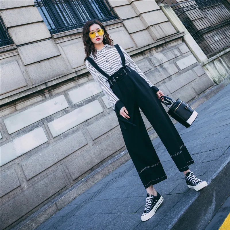 DM Store, подтяжки, широкие штаны, винтажные, Осенние, женские, свободные, высокая талия, одноцветные, с поясом, длина по щиколотку, повседневные штаны