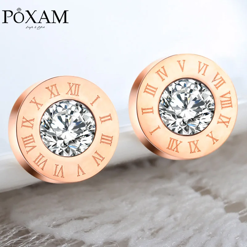 POXAM, модные, новые, римские цифры, Круглые, Кристальные, маленькие серьги-гвоздики для женщин и мужчин, индивидуальные, массивные, кубический цирконий, ювелирные изделия для ушей - Окраска металла: Rose Gold