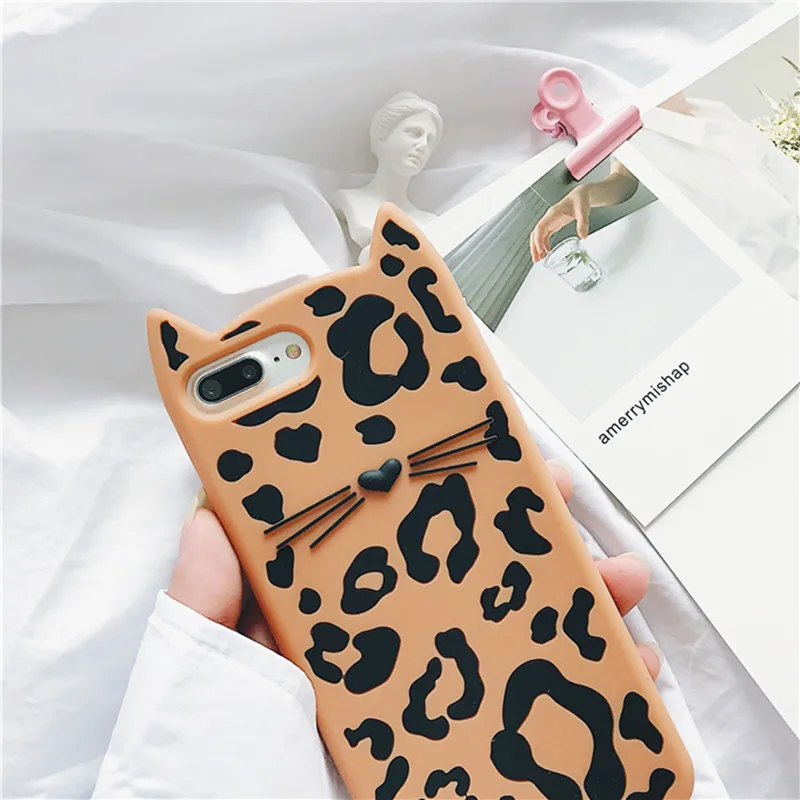 Чехол для телефона с 3D леопардовой бородой и кошкой iphone 6 Plus мягкий силиконовый