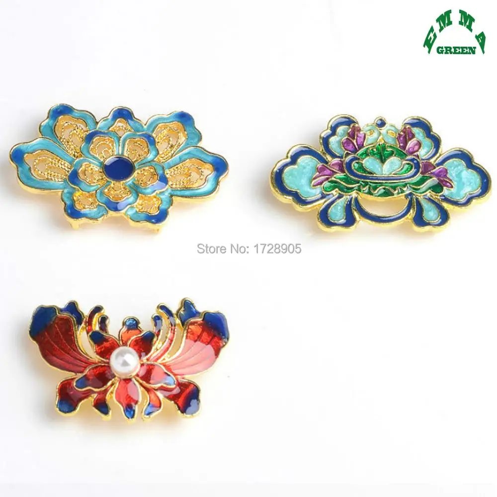 Lotus flower Classical Enameled Jewelry Embellishment Buttons 5pcs 25x40mm Gold color Luxury Bouquet Charms with Back holes