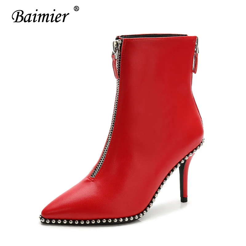 Red Boots Baimier/черные кожаные ботильоны для женщин; женские ботинки с серебряными заклепками; ботинки на высоком каблуке на молнии; коллекция года; Роскошная Брендовая женская обувь - Цвет: Red Boots
