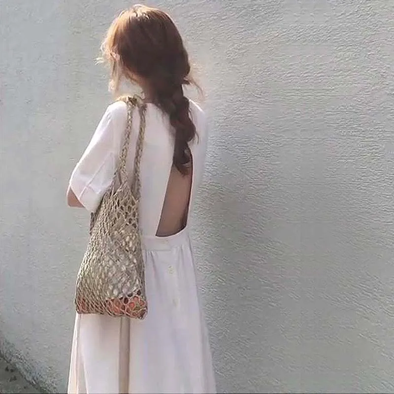 Женское летнее белое платье из хлопка и льна без спинки, длинное, винтажное, сексуальное, в стиле А-силуэт, вестидос, роб фем, сукенки, кэжуал юркен (SS2859)