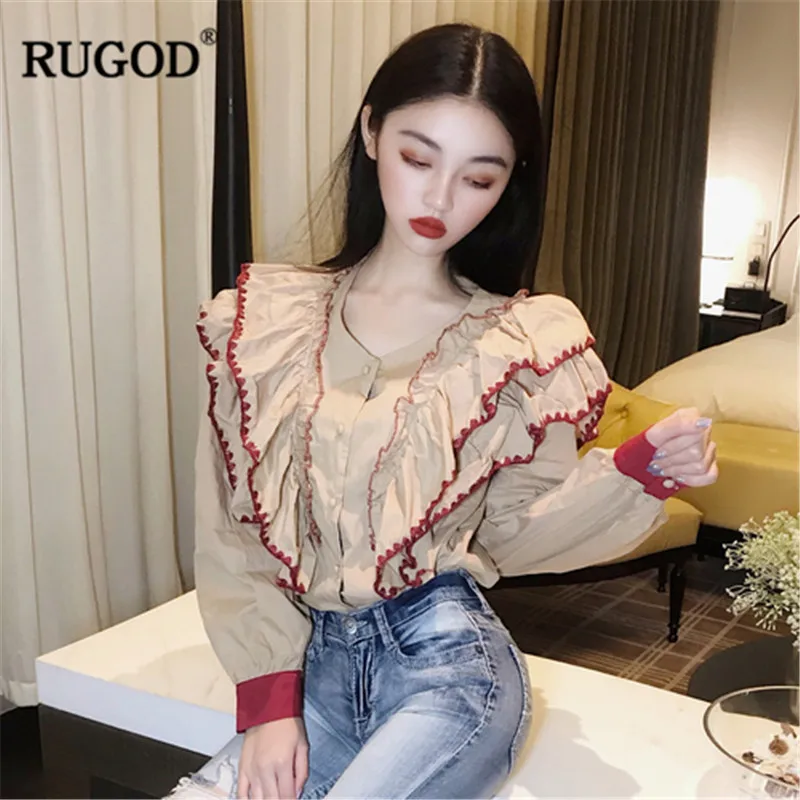Женская блузка RUGOD белая винтажная с длинным рукавом и треугольным