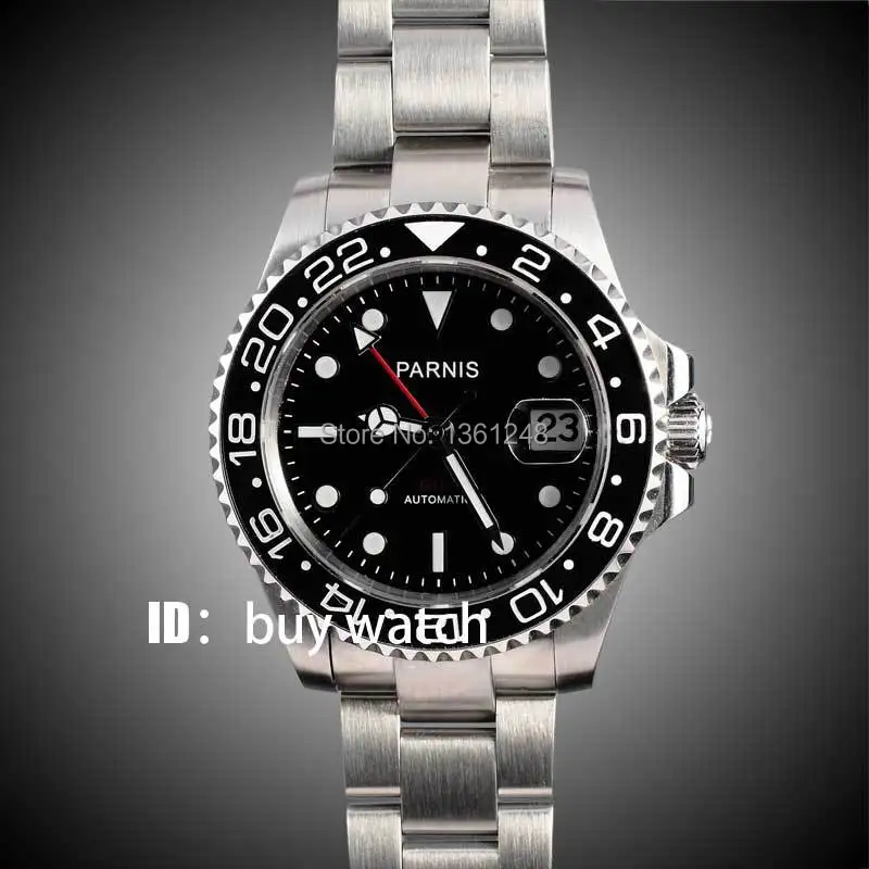 

40mm Parnis black dial Sapphire glass Ceramic bezel red GMT hands date automatic mens watch 146