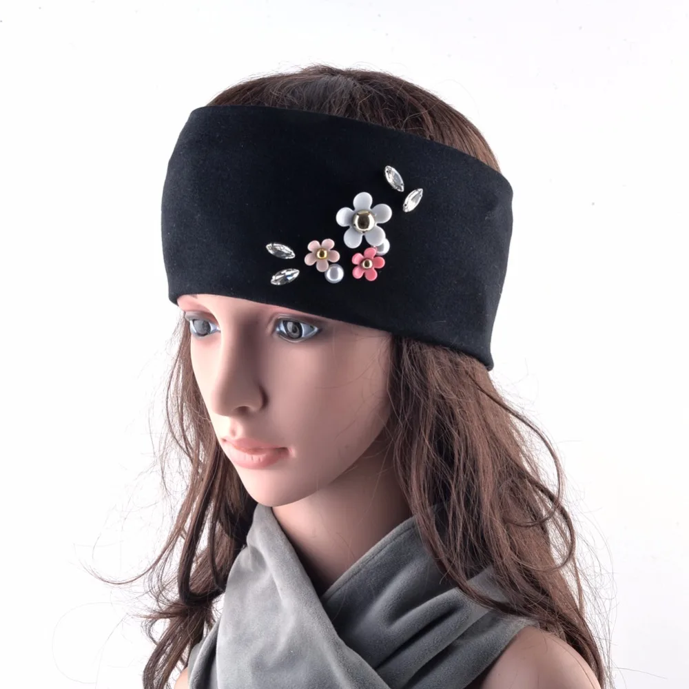 

Fashion Rhinestone Headband Women Flower Hair Band Ladies Solid Color Turban Casual Cotton Headwraps Female Pearls Headwear