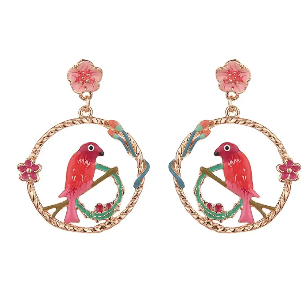 Женские крупные круглые золотые серьги с эмалью и цветами для свадебной